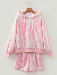 Acelitt Setelan Hoodie dan Celana Pendek Kasual Wanita Warna Pink & Putih Bermotif, Gaya Y2K, Setelan Dua Potong Rajutan Bergaris dengan Tali Serut, Cocok untuk Kencan & Jalan-jalan, Gaya Elegan - MultiWarna - View 3
