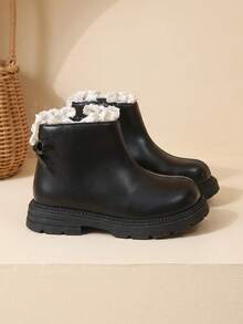 1 Pair 2026 New Girls' Lace Trim Ankle Boots, Soft Leather Thick Sole Anti-Slip Boot Design, Sweet Princess Gentle Style, Suitable For Autumn/Winter Daily Wear And Matching With Dresses - Black - View 5