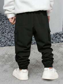 1pc Toddler Boys' Minimalist Outdoor Sports Drawstring Cargo Pants, Suitable For Spring & Autumn - Black - View 2