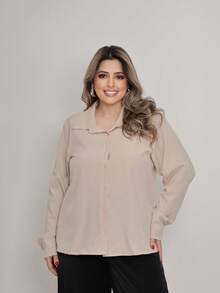 Women's Plus Size Plain Collared Dress Shirt With Long Sleeves - 米色 - 查看 1
