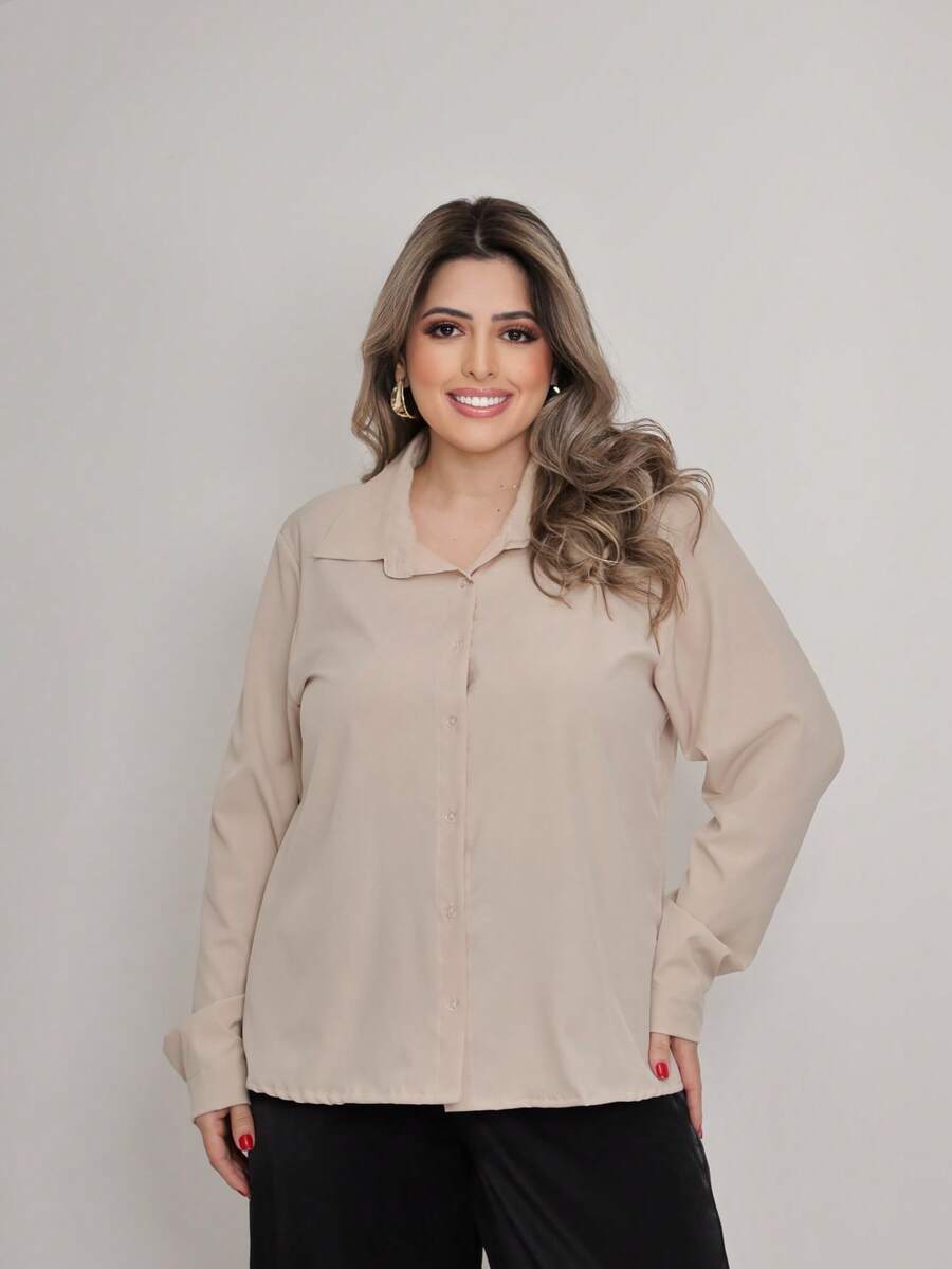 Women's Plus Size Plain Collared Dress Shirt With Long Sleeves - 米色 - 查看 1