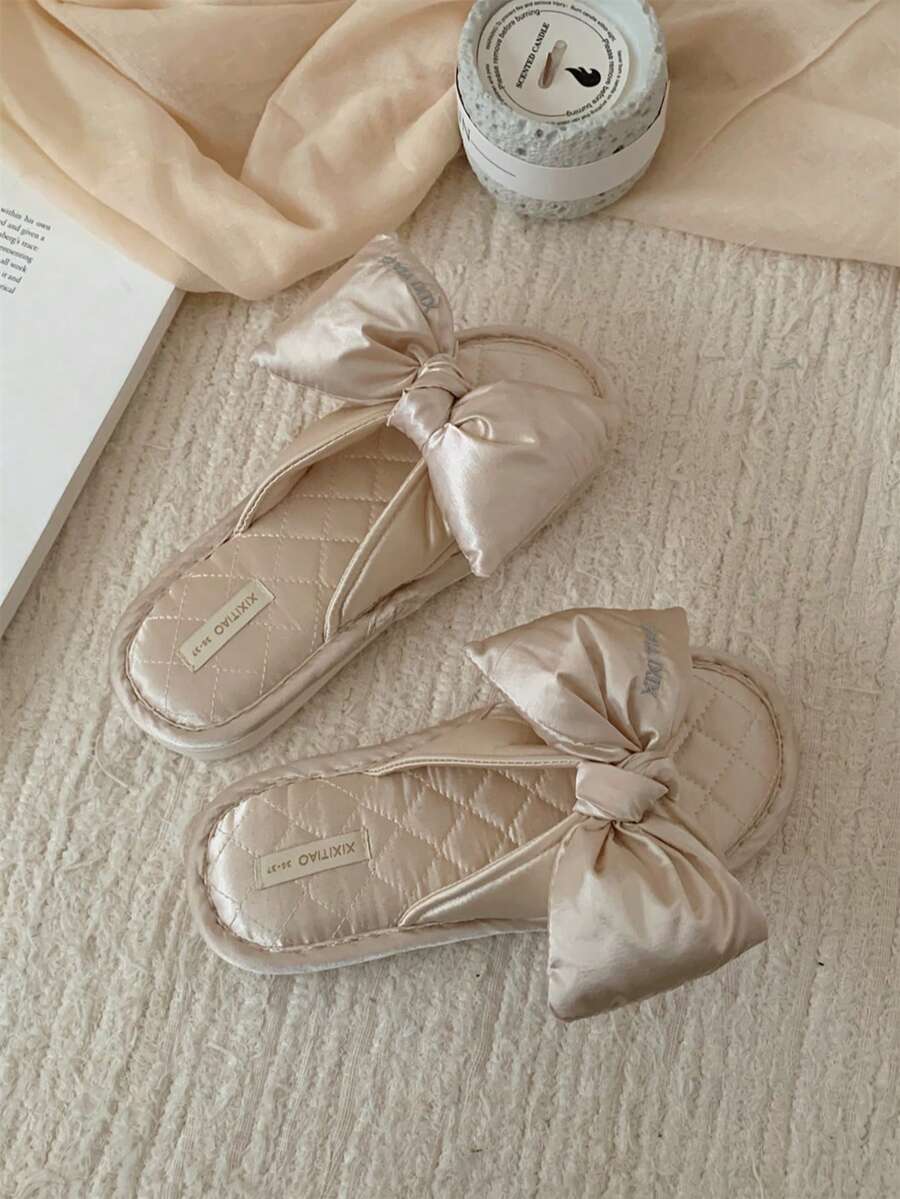 XIXITIAO 奢華緞面蝴蝶結女款室內拖鞋，柔軟舒適平底套腳拖鞋
