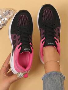 Fashion Low Top Air Cushion Knit Sneakers For Women, Gradient Mesh Height Boost Lace Up Comfort Shoes, Street Style Trainers For Jeans Dating Travel - Red - View 3