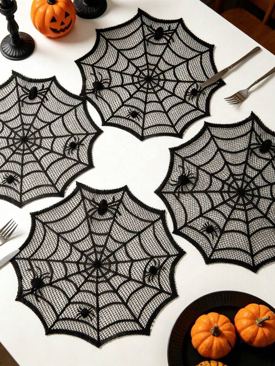 2pcs Black Lace Spider Web Placemats, Halloween Party Table Decor, Happy Halloween Decoration, Ghost Festival Decor, Table Centerpiece, Spooky Tableware, Spider Web Pattern Decor, Home Kitchen Dining Room Decoration