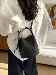 Bolso de cubo para mujer, bolso de mano elegante y versátil de unicolor a rayas negro con pañuelo, adecuado para compras y viajes, incluye una pequeña bolsa - Negro - Ver 3