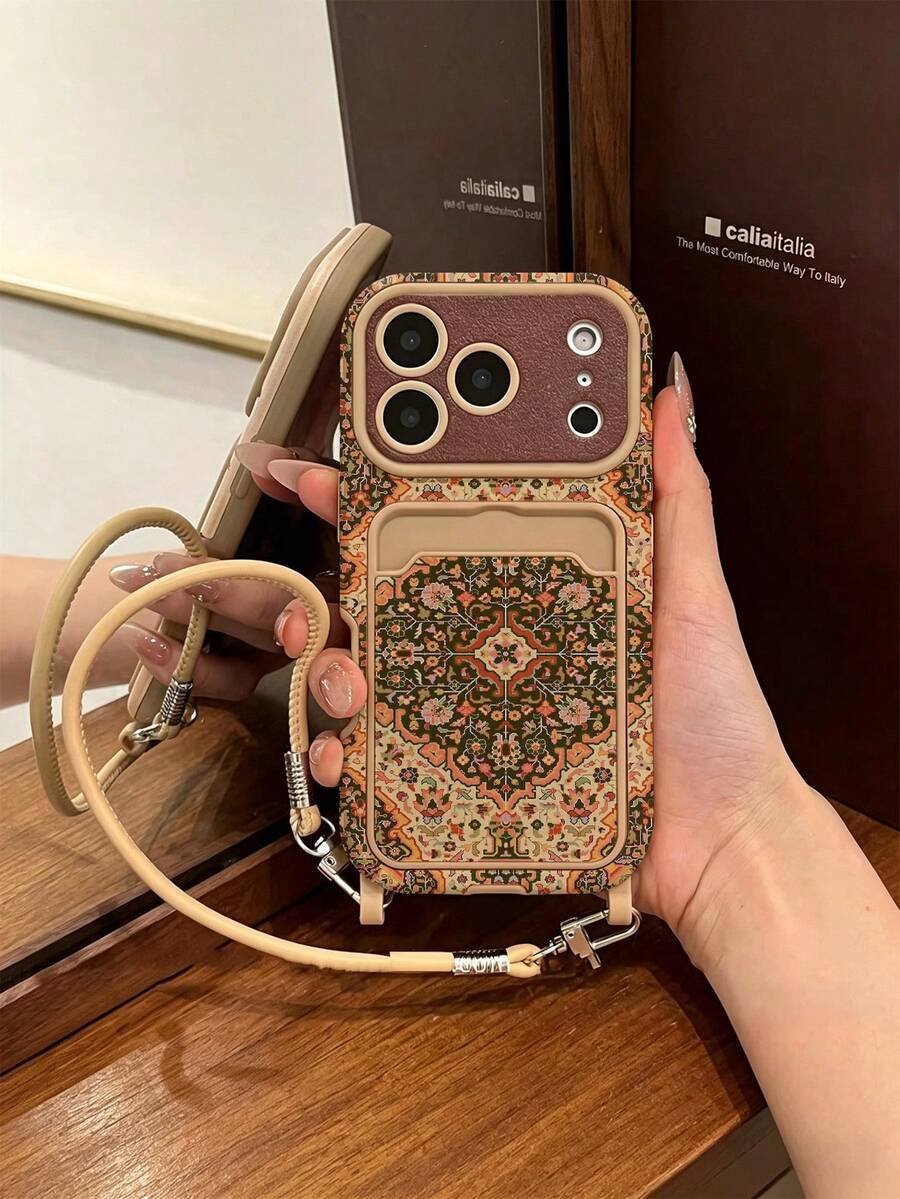 1件彩繪圖案PU皮革卡套掛繩,經典防摔軟卡槽短掛繩手機殼,附鏡頭保護,適用於Apple 17Pro/17/Air/17Promax/11/12/13/14/16 Pro Max/16 Pro/15系列,節日禮物 - 彩色 - 查看 1