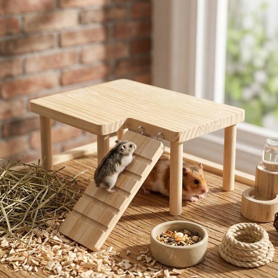 1 Set Meja Platform Kayu Solid 2 Tingkat untuk Hewan Peliharaan Kecil dengan Tangga Panjat, Cocok untuk Hamster, Guinea Pig, dan Hewan Peliharaan Kecil Lainnya, Mainan Panjat, Rumah Persembunyian, Platform Pengamatan, Cocok untuk Hewan Peliharaan Kecil - aprikot - View 1