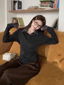 Plaid Patchwork Polo Collar 2 In 1 Long Sleeve T-Shirt Women Thin Fleece Single Wear Base Layer Top - Dark Grey - View 2