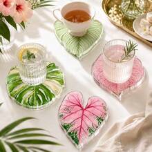4/5pcs Calathea/Monstera Acrylic Tropical Plant Leaf Coasters, New Ins Style Heat-Resistant Coaster Set, Protects Tabletop From Hot Drinks, Cups And Plates, Suitable For Office, Restaurant, Cafe - Multicolor - View 3