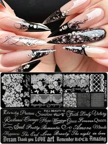2pcs Romantic Lace & Cursive Word Nail Stamping Plate Vintage Elegant Lace Plaid With English Letter Nail Art Stamp Stencil Transfer Printing Templates For DIY Manicure Decoration Tools - Silver - View 1