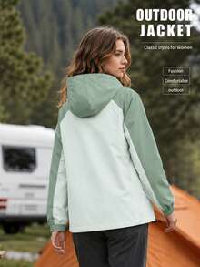 Women's Autumn Loose Fit Dual Green Colorblock Hooded Jacket, Full Zip Front, Side Pockets, Elastic Hem, Casual Top - Green - View 2