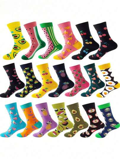 1/5/10/20 Pasang Kaos Kaki Setengah Betis Unisex dengan Motif Buah dan Camilan di Seluruh Permukaan, Kaos Kaki Cetak Seru Warna Cerah dengan Saturasi Tinggi, Kaos Kaki Hadiah Liburan Bertema Buah yang Lucu, Cocok untuk Sepatu Olahraga dan Pemakaian Sehari-hari