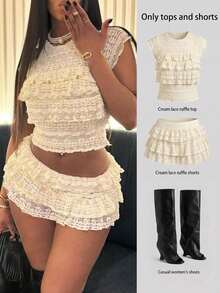 Conjunto de top y falda de punto con encaje jacquard, fruncido y cuello redondo para primavera/verano - Beis - Ver 3