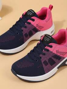 Fashion Low Top Air Cushion Knit Sneakers For Women, Gradient Mesh Height Boost Lace Up Comfort Shoes, Street Style Trainers For Jeans Dating Travel - Red - View 4