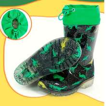 HSYAAMOO Boys' Black Glitter Dinosaur Print Drawstring Cuff Rain Boots, Transparent Thick Sole Non-Slip Rubber Mid-Calf Waterproof Rubber Shoes For Outdoor Water Play - Dark Green - View 11