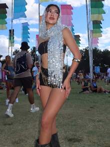1 Peça Lenço Feminino Estilo Boêmio de Rua com Lantejoulas Douradas e Borlas, Lenço de Cabeça de Luxo com Design de Malha para Vestido de Noite, Lenço de Cabeça Brilhante, Adequado para Volta às Aulas, Festa no Campus, Férias na Praia, Viagem de Férias - Prata - Visão 1