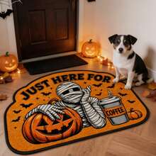 1 pieza Felpudo con patrón de calabaza momia y hoja de arce, alfombra de bienvenida de Halloween, alfombra pequeña de otoño/invierno, felpudo de entrada exterior, alfombra de cocina, decoración del hogar, felpudo de puerta principal - Multicolor - Ver 2