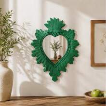 11.81 Inch Green Sacred Heart Wall Mirror, Hand Carved Wooden Frame Decorative Mirror, Suitable For Living Room Bedroom Luxurious Bohemian Style Decor - 1PC - View 6