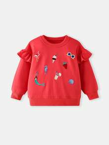Girls Round Neck Long Sleeve Sweatshirt With Small Flutter Sleeves, Ruffle Hem, Mermaid, Flamingo, Ice Cream Multi-Element Embroidery, Loose Sweet Casual Pullover Sweatshirt For Toddlers And Young Children - Red - View 2