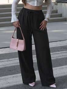 Plus Size Non-Stretch Black Long Tapered Pants With Drawstring, Suitable For Spring And Autumn Wear - Black - View 1