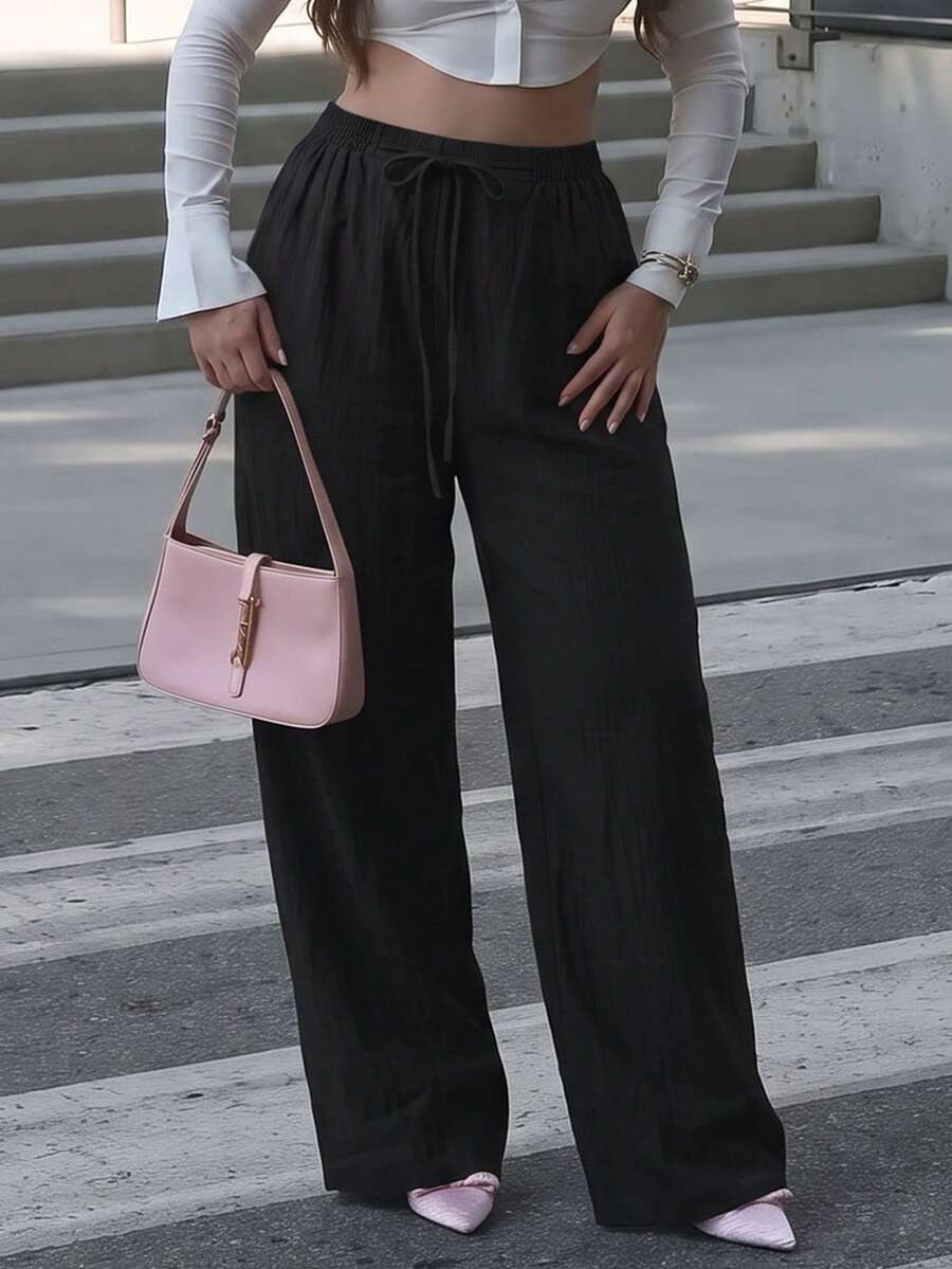 Plus Size Non-Stretch Black Long Tapered Pants With Drawstring, Suitable For Spring And Autumn Wear - Black - View 1