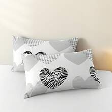 3pcs Plaid Pattern & Heart Element Bed Sheet Set, Fashionable & Romantic, Set Includes [1 Bed Sheet + 2 Pillowcases] No Pillow Inserts, 100% Polyester/Pillowcase Color Random New Modern Style - Deep Pocket/Tight Fit/King/Queen/48H No Slipping/Suitable For Various Holidays And Daily Use | Double/Full Size/Easy To Use/High-End Luxury Classic Design Bedding, Soft Fabric, Skin-Friendly, Comfortable, Suitable For Bedroom, Hotel, Dormitory, - Heart Love - View 3