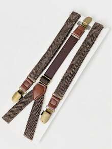 1pc Men's Brown Herringbone 3-Clip Vintage British Style Anti-Slip Suspenders For Dress Pants - Brown - View 2