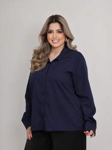 Women's Plus Size Long Sleeve Solid Color Dress Shirt - Navy Blue - View 2