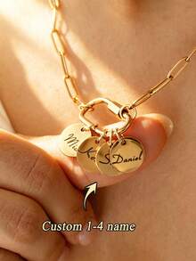 1pc Personalized Engraved Gold Lock Round Nameplate Necklace, Stainless Steel Necklace, Customized Name Pendant Necklace, Customized Gift For Loved Ones, Handmade Grandma Name Necklace, Multiple Name Necklace, Family Necklace, Women's Necklace, Women's Jewelry, Engraved Gift, Anniversary, Birthday Gift, Mother's Day, Holiday, Graduation Season Gift - Multicolor - View 2