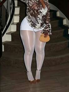1 Pair Plus Size White Shiny High Stretch Tights Sexy Fashionable Cute Style For Daily Spring Fall Halloween Commute - Multicolor - View 4