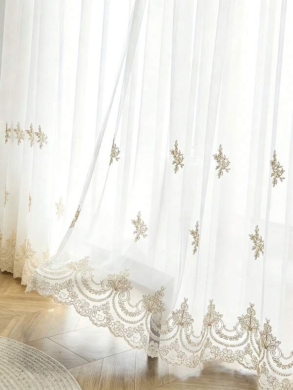 1pc Rod Pocket Nordic Luxury Style Elegant Embroidered Jacquard Sheer Curtain, Suitable For Living Room, Bedroom, Balcony, Bay Window