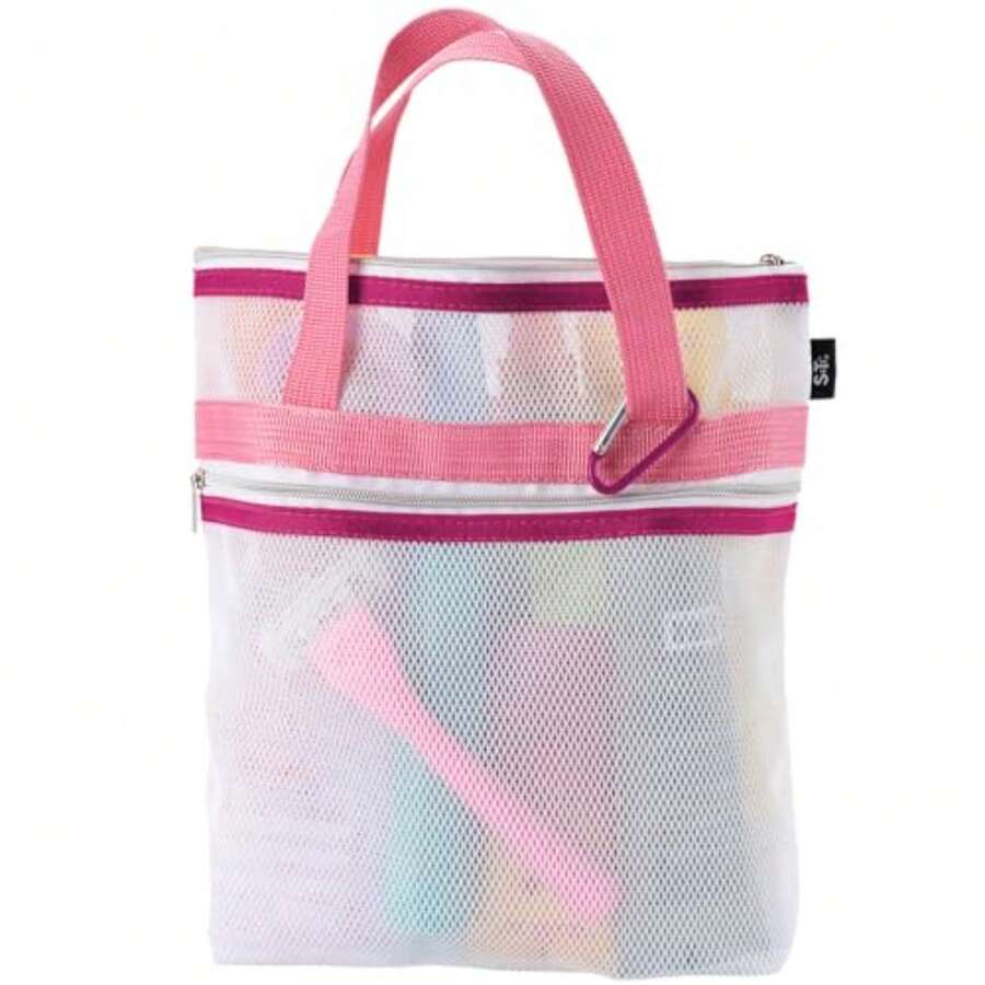 Mesh Shower Caddy, Shower Bag For Dorm Room Essentials, Gym Bag, Camping And More, Two Zippered Pockets, White And Pink, 10 Inches X 10 Inches - White and Pink - View 1
