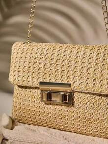 Tropiscape Fashionable Solid Color Gold Woven Crossbody Bag, Suitable For Women's Daily Use - Khaki - View 5