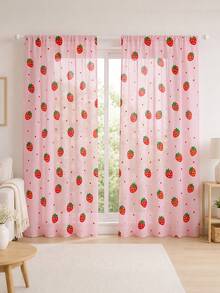 2pcs Strawberry Print Curtains, Rod Pocket Polyester Fabric, Light Pink Cartoon Strawberry Fine Polka Dot All-Over Print, Sweet Cute Girly Style, Machine Washable, Suitable For Bedroom Kitchen Home Window Decoration - Multicolor - View 8