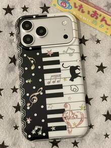 Casing Ponsel Desain Kucing Piano Not Musik Korea Gaya Ins Kompatibel Dengan Apple 17 Pro Max, 17 New 16 Pelindung, 15 Wanita 16 Pro Perlindungan Penuh Anti Jatuh 17 Pro Super Lucu - Hitam dan Putih - View 3
