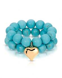 European And American Natural Thick Turquoise Abacus Bead Collarbone Chain With Large Heart Pendant Necklace - Golden Heart Necklace - View 7