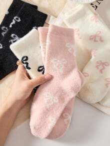 4/2 Pairs Soft Cute Bow Pattern Mink Fur Mid-Calf Socks, Non-Slip Comfortable Warm, Suitable For Autumn/Winter - Multicolor - View 2