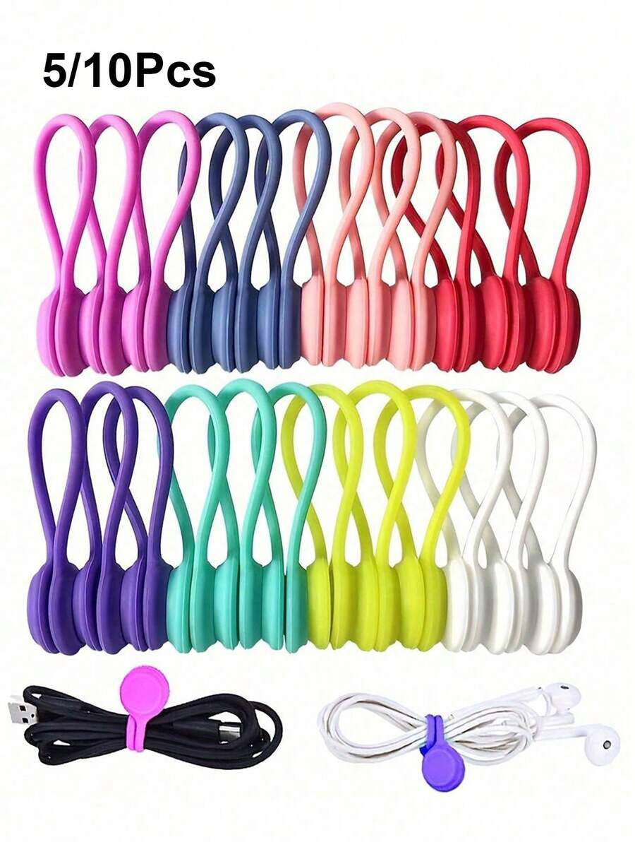 5/10pcs Magnetic Cable Organizer, Reusable Silicone Twist Ties For Bundling And Organizing Items, Fridge Magnet Wire Wrap Ties, Suitable For USB, Earphones And Keychains - Non-Waterproof
