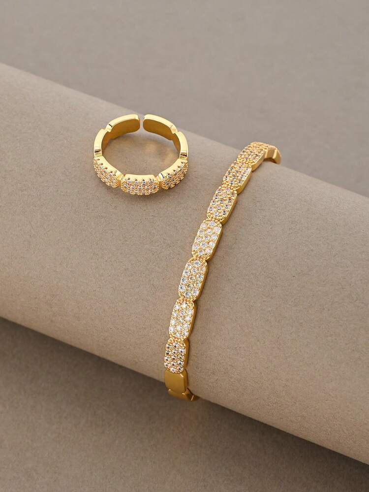 Gold Bracelet Set, Versatile Textured White Gold Copper With Zirconia Stones, Suitable For Daily Wear, Gatherings, Dates, Parties, Gifts - Gold - View 3