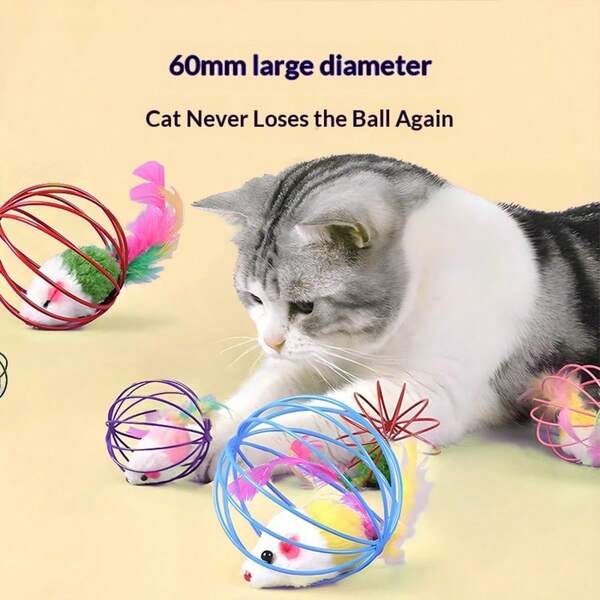 2 piezas de juguetes interactivos para ratones con colas de plumas esponjosas de colores, bola divertida para atraer a los gatos y aliviar el aburrimiento durante el juego diario
