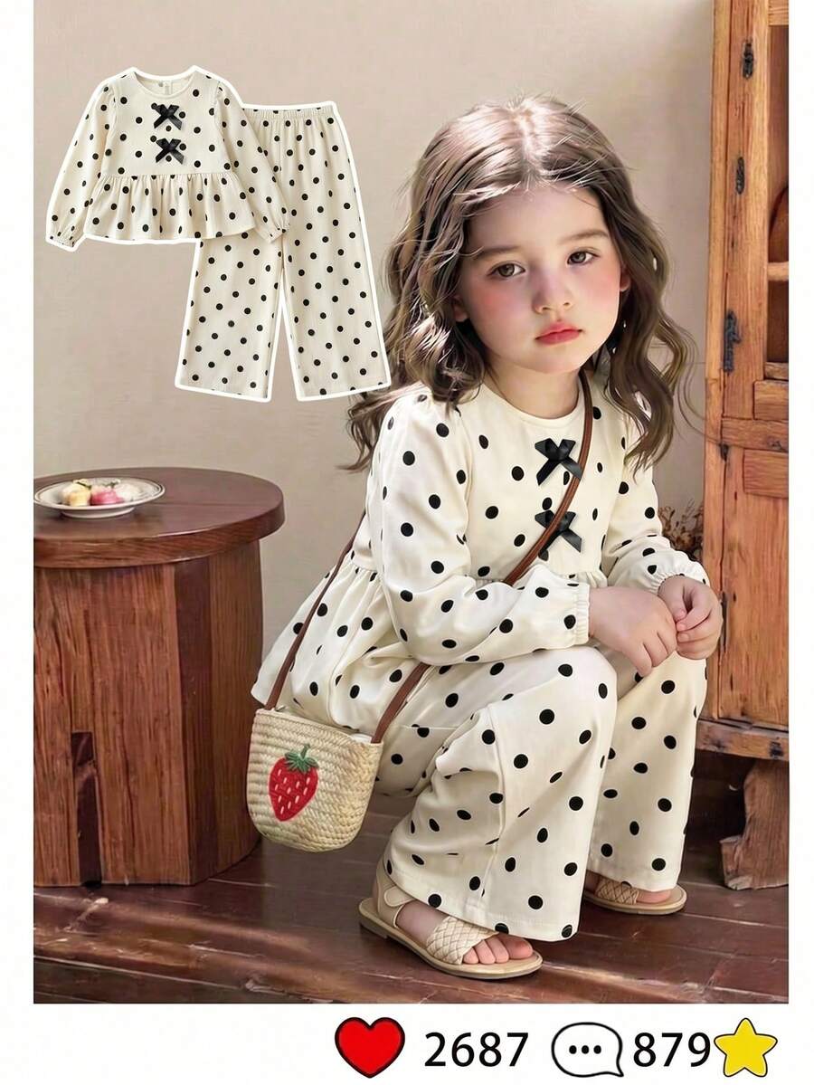 Girls Spring/Autumn 2 Pieces Set, Ribbed Texture Double Cinched Waist-Cinching Ruffle Hem Top + Matching Polka Dot Wide Leg Pants, Suitable For Multiple Outdoor Occasions - Apricot - View 1
