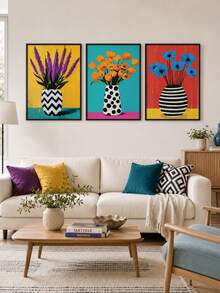 3 piezas Pintura en lienzo sin marco/con marco, Ilustración de flores coloridas & jarrón moderno, Arte de pared con impresión de tinta de alta definición, Decoración colgante multi-festividad para Pascua, Boda, Graduación, Aniversario, Halloween, Navidad, Decoración del hogar interior y exterior - Estilo abstracto A - Ver 3