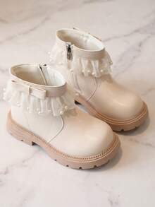 1 Pair 2026 New Girls' Mesh Pearl Ankle Boots, Bow Side Zipper Thick Sole Design, Sweet Fairy Princess Style, Suitable For Autumn/Winter Outings And Skirt Outfits - White - View 2