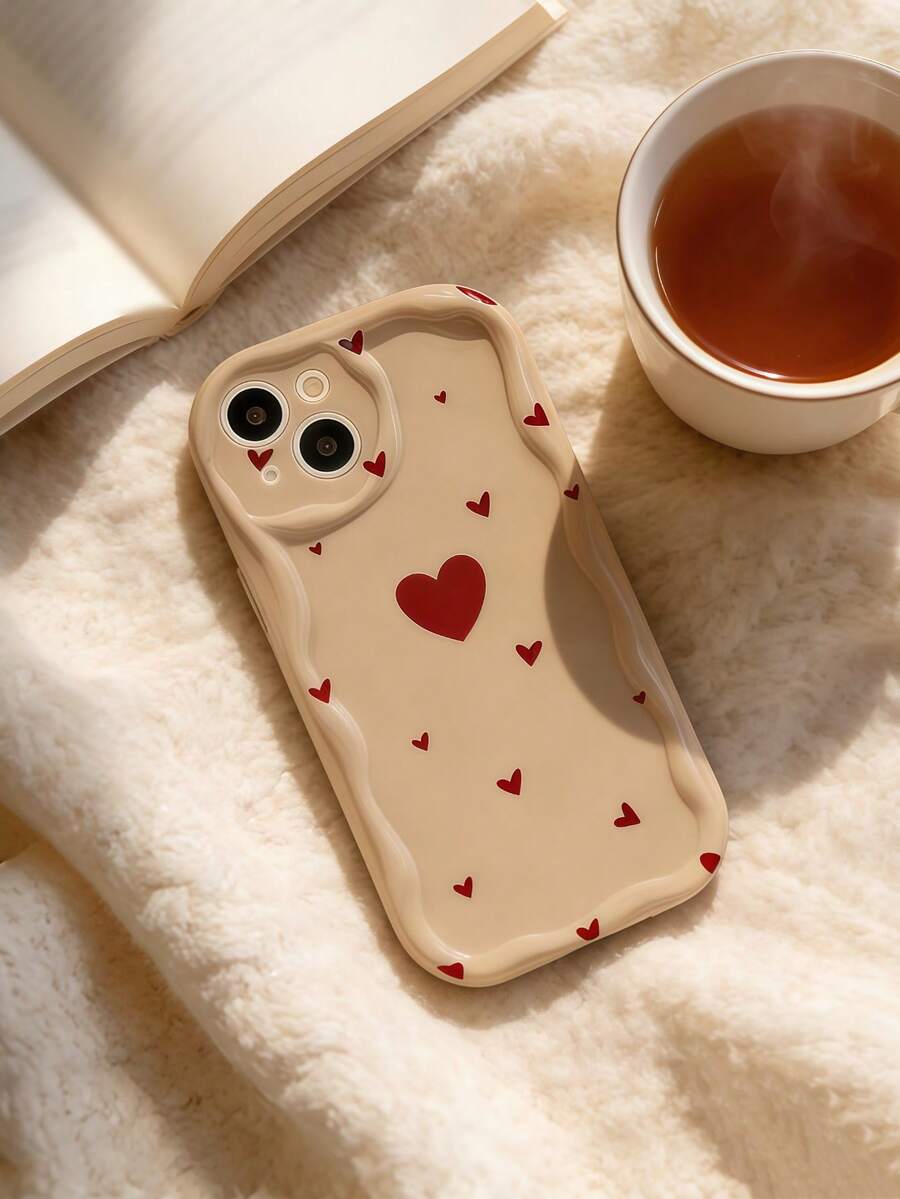 Tekstur TPU Lembut Bergelombang Dopamin Krimi, Warna Kopi Susu Kreatif, Tepi Bergelombang, Pola Hati Besar & Kecil, Kompatibel dengan Galaxy S21 S22 S23 S24 S25 S26/Honor/ dan Model Lainnya - Putih - View 1
