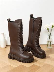 2026 New Cute Campus Style Dark Brown Knight Long Boots For Kids, British Style Children's Lace-Up Wear-Resistant Thick Sole Tall Boots, Suitable For Daily School Life, Simple Vintage Versatile Boots For Girls - Brown - View 2