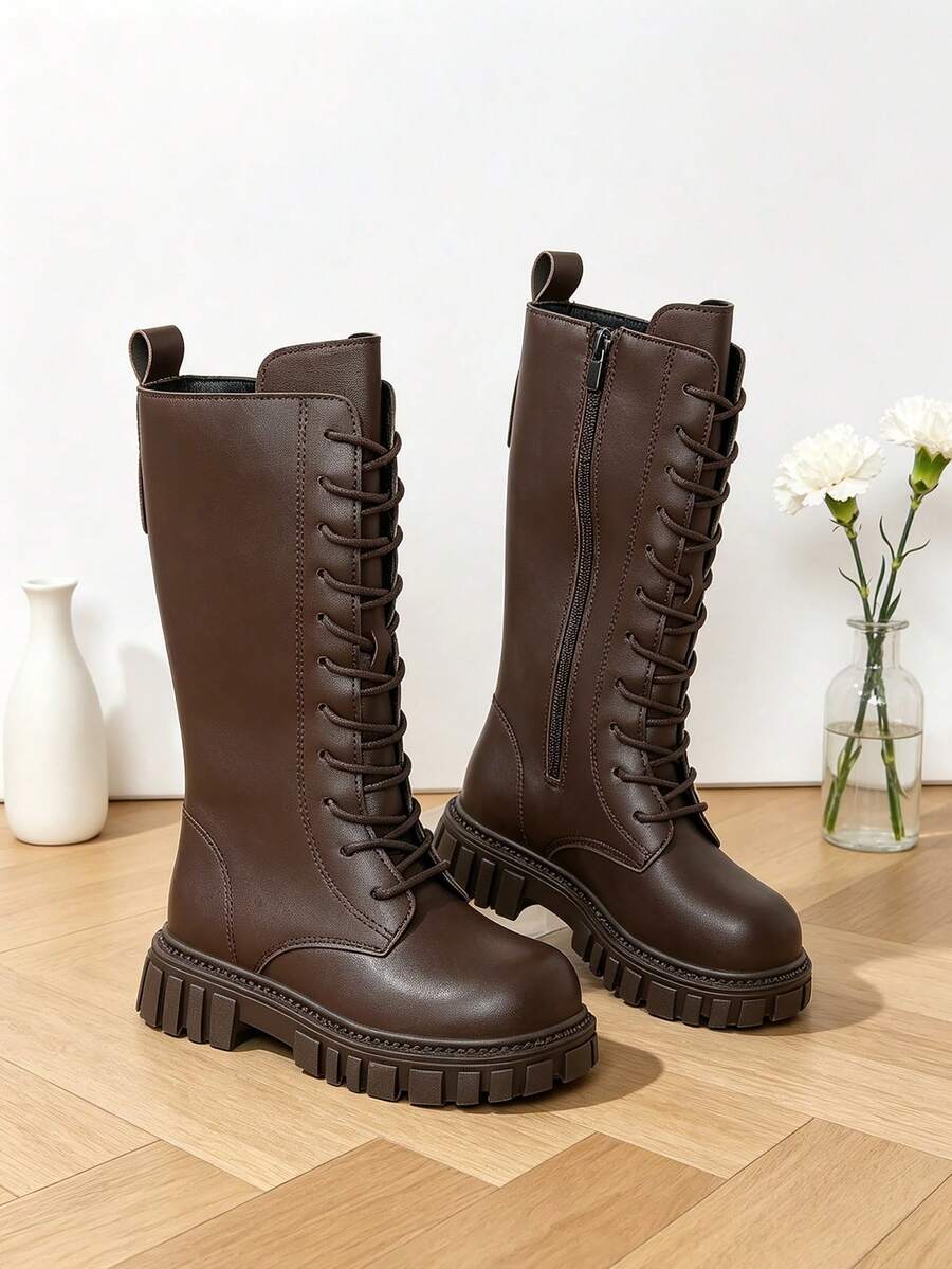 2026 New Cute Campus Style Dark Brown Knight Long Boots For Kids, British Style Children's Lace-Up Wear-Resistant Thick Sole Tall Boots, Suitable For Daily School Life, Simple Vintage Versatile Boots For Girls