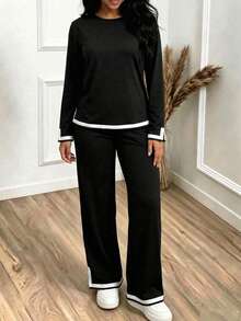 Women's Casual Black 2 Pieces Set, Round Neck Top With Side Stripe Detail, Medium Stretch - Black - View 3