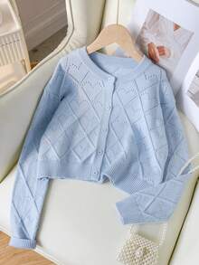 Áo cardigan len dệt kim đục lỗ hình trái tim màu trơn thanh lịch cho bé gái, dáng ngắn, phù hợp mặc thường ngày, đi du lịch, mùa xuân, thu, đông - Màu xanh lam - Xem 1