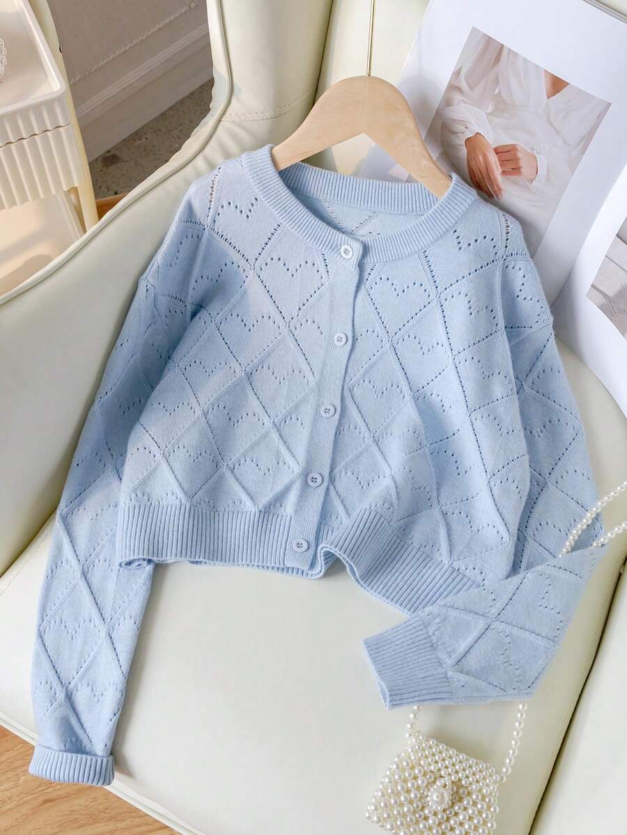 Áo cardigan len dệt kim đục lỗ hình trái tim màu trơn thanh lịch cho bé gái, dáng ngắn, phù hợp mặc thường ngày, đi du lịch, mùa xuân, thu, đông - Màu xanh lam - Xem 1