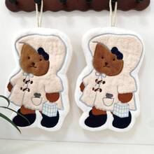 Toalla de Mano Infantil con Diseño de Oso Bordado, de Felpa Coral Súper Absorbente, Cuadr y Colgante - Toalla de mano de terciopelo coral - Oso con capucha [2 unidades] - Ver 3